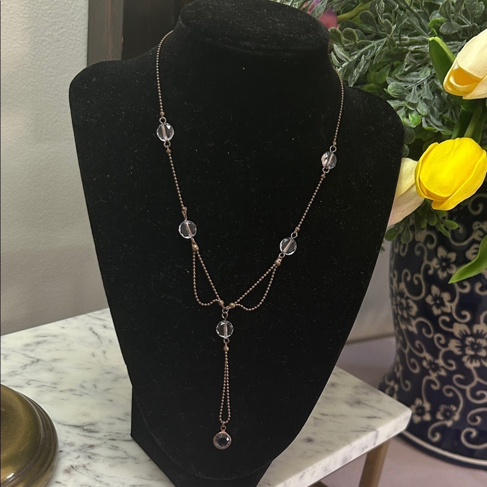 Source Unknown Vintage Bronze-Tone Y Necklace with Clear Beads